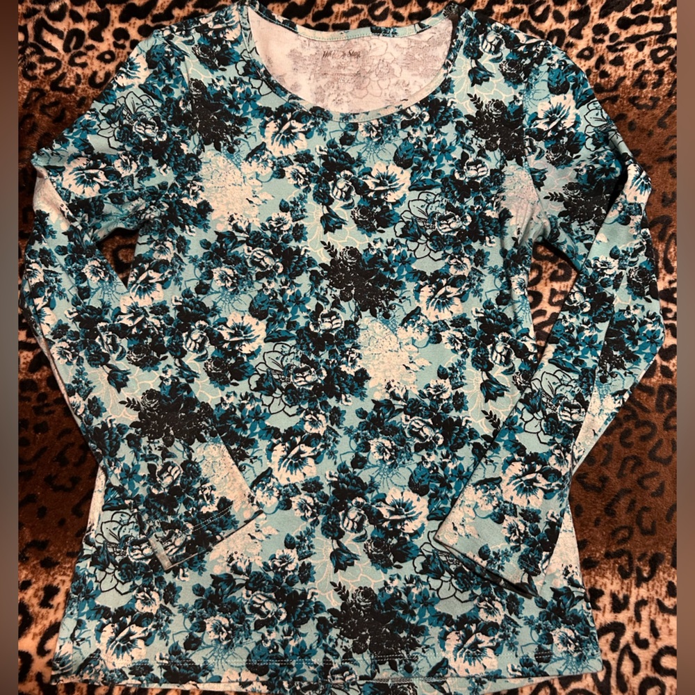 White Stag Teal and Black Floral Top